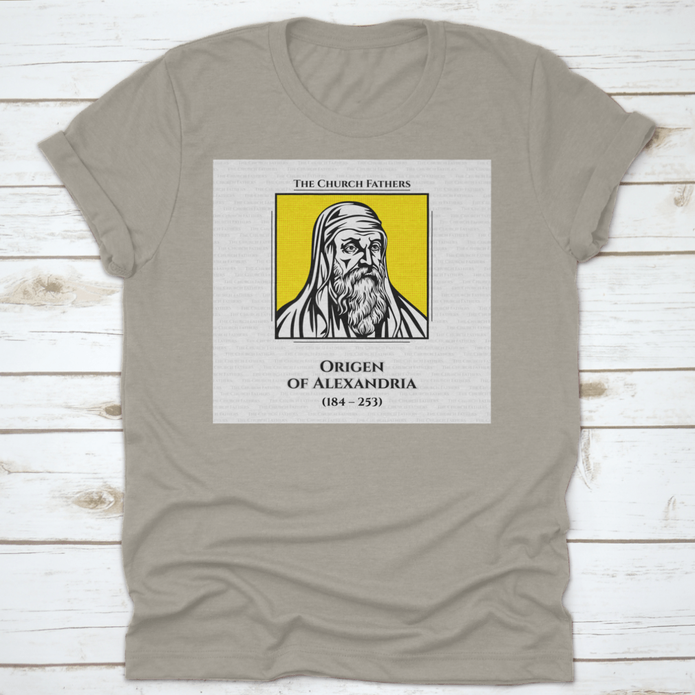 A comfortable cotton t-shirt featuring the Early Christian Scholar Origen, showcasing a classic fit and durable design.